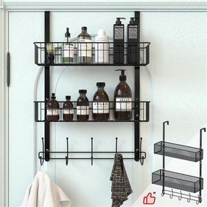 Over The Door Hooks, Door Hanger Towel Rack with 5 Coat Hooks & 2 Mesh Basket